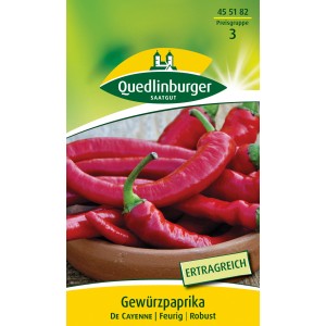 Samenpackung Quedlinburger Gewürzpaprika 'De Cayenne' mit roten, scharfen Schoten.