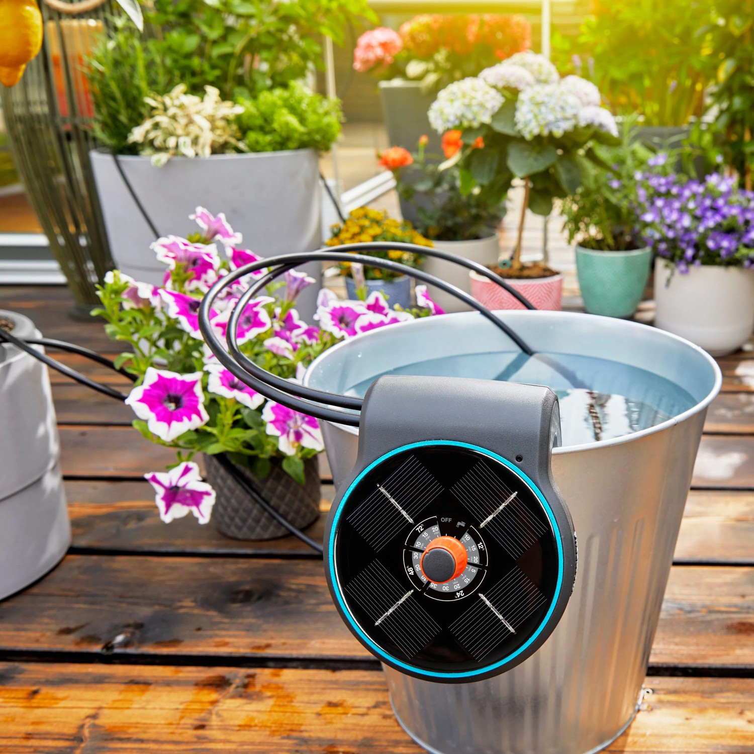 Gardena Aqua Bloom Solar-Bewässerungsset am Eimer mit Wasser, automatische Bewässerung für Balkon und Terrasse.