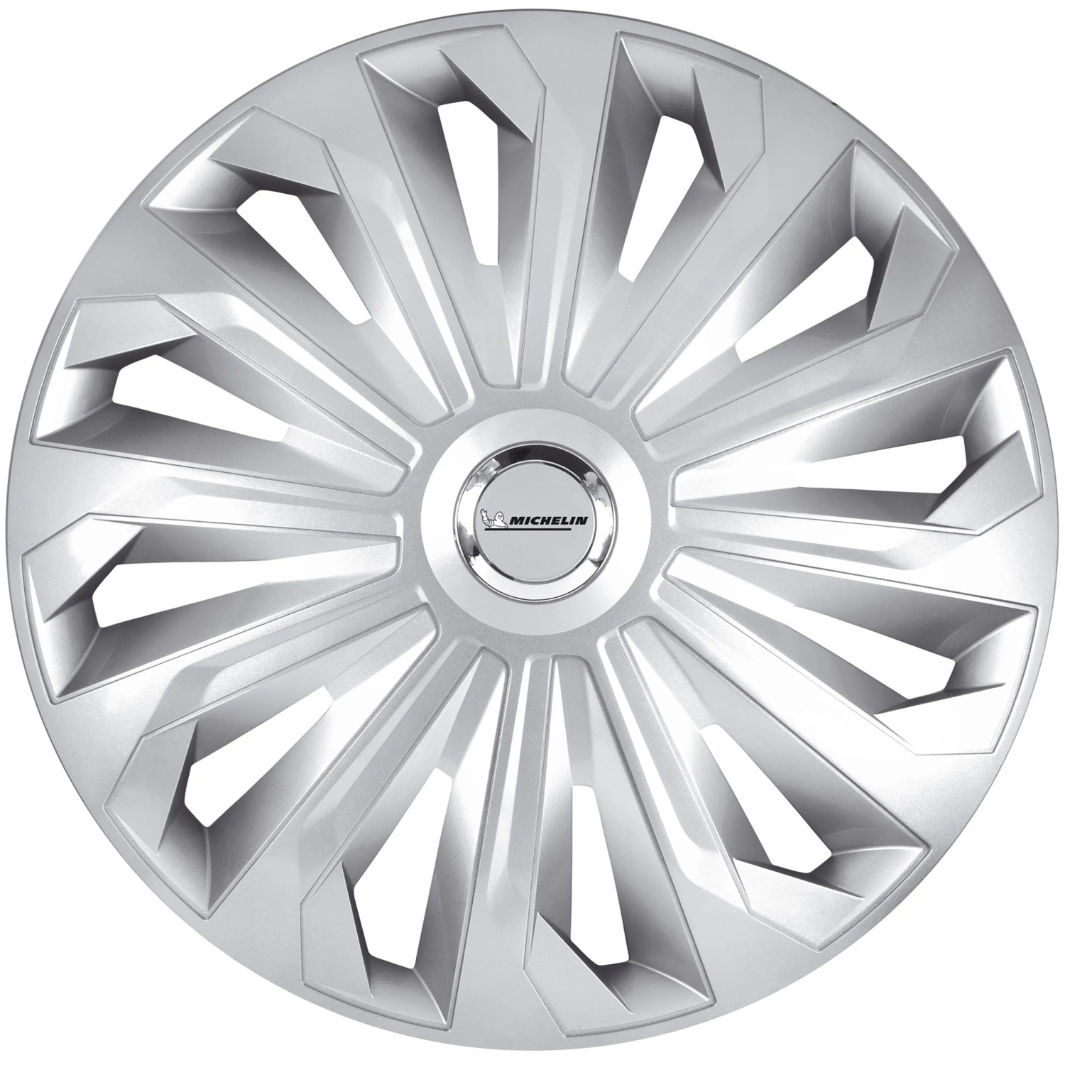 Silberne Michelin Radzierblende MX-FS für Autos, mit modernem Speichendesign. Ideal für Wartung & Reparatur.