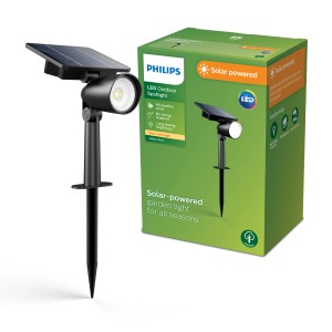 Schwarze Philips Solar-Wegeleuchte Ashlyn mit Erdspieß und Sensor. Ideal für Garten und Außenbereich.