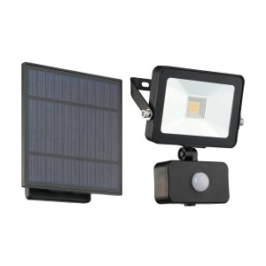 Schwarze Eglo LED Solar Wandleuchte Villagrappa mit Solarpanel und Bewegungssensor.