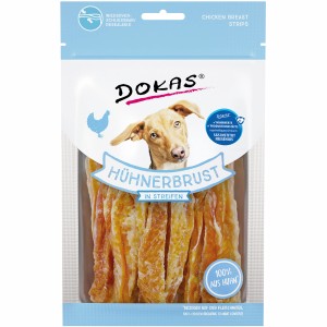 Dokas Hühnerbrust Streifen, 70g, Hunde-Kaustreifen. Luftgetrocknete Hühnerbrustfilet-Streifen im wiederverschließbaren Beutel.