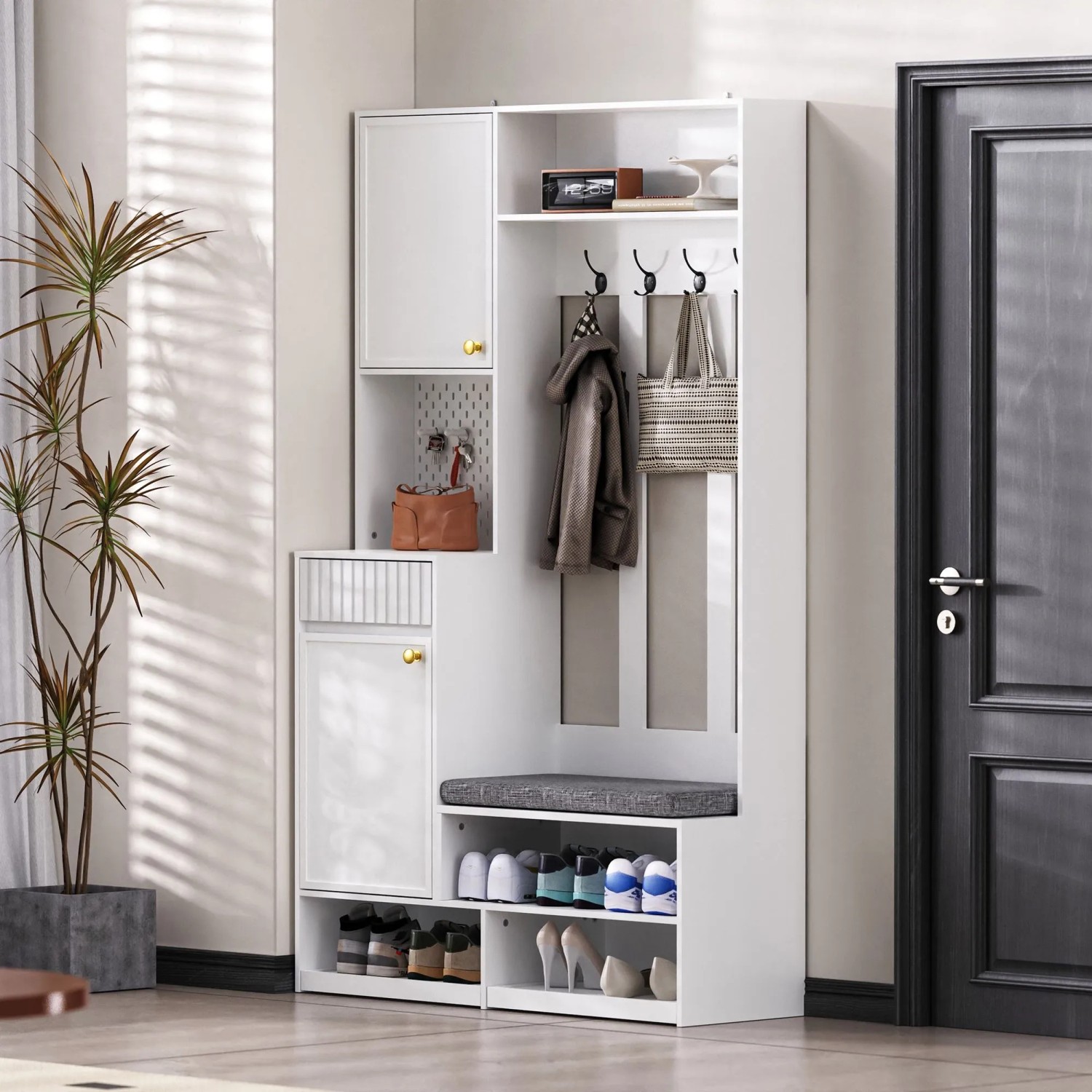 okwish Garderoben Set mit Sitzbank 4 Haken Türen Schubladen 100x180x35cm Weiß_2