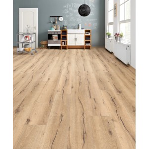 Verlegtes Living by Haro XL Laminat in Eiche Italica Creme Optik im Raum.