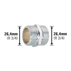 Doppel-Gewindenippel, 26,4 mm (R 3/4), Messing verchromt für Gewindefittings.
