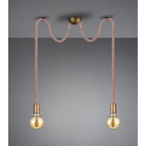 2-flammige Trio Deckenlampe Rope im Vintage-Stil mit Seilaufhängung und altmessingfarbenen Akzenten.
