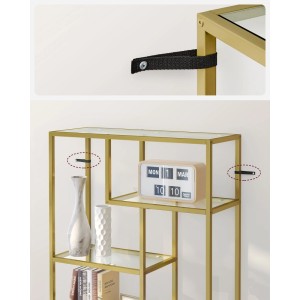 Detailansicht: Songmics Regal Baris mit 6 Glasablagen, goldfarbenem Rahmen und Kippschutz.
