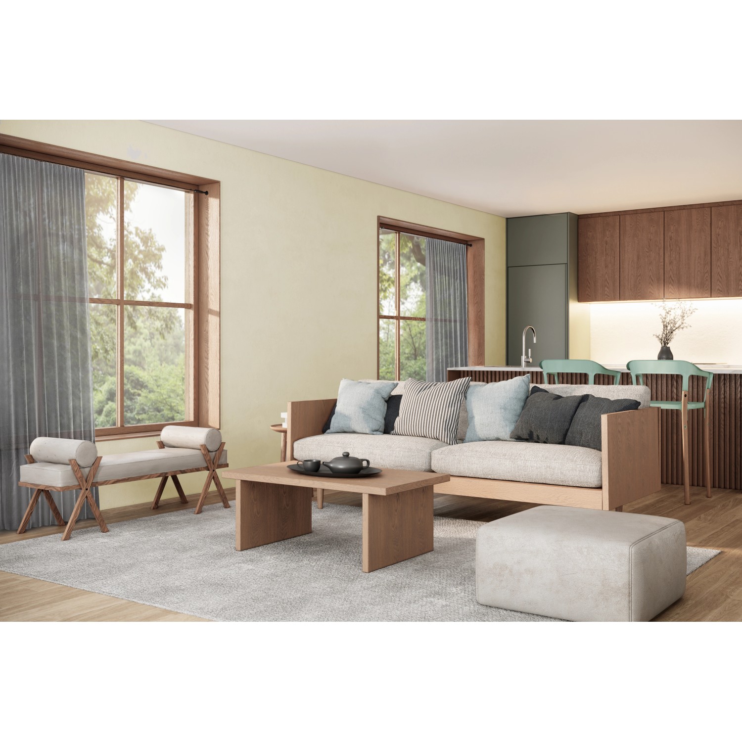 Wohnzimmer mit Gardinia Seilspanngarnitur Race in Schwarz-Matt, 5 m, an Fenstern mit Vorhängen.