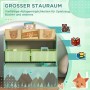 ZONEKIZ Kinderzimmerregal mit mintgrünem Rahmen, drei Stoffboxen mit Bärchen und drei mit Waldmotiven für Spielzeug und Bücher.