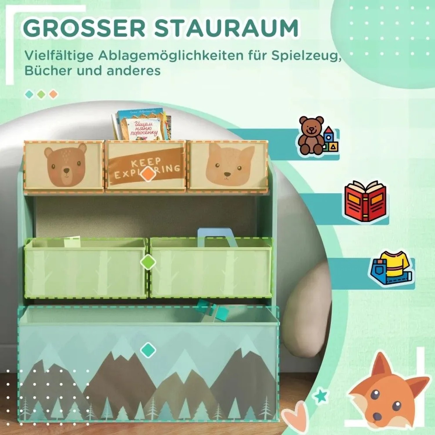 ZONEKIZ Kinderzimmerregal mit mintgrünem Rahmen, drei Stoffboxen mit Bärchen und drei mit Waldmotiven für Spielzeug und Bücher.
