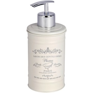 Creme-farbener Wenko Seifenspender Home mit nostalgischem Aufdruck und Chrom-Pumpe für 350ml.