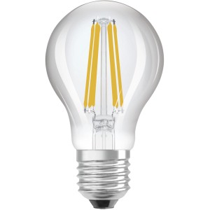 Osram LED-Lampe E27 in Glühlampenform, 4,3W, warmweiß, klar. Energiesparendes Leuchtmittel für E27 Fassung.