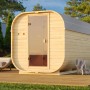 Karibu Fassauna Quadro 3: Naturbelassenes Saunahaus aus Fichte mit Glastür und abgerundetem Design.