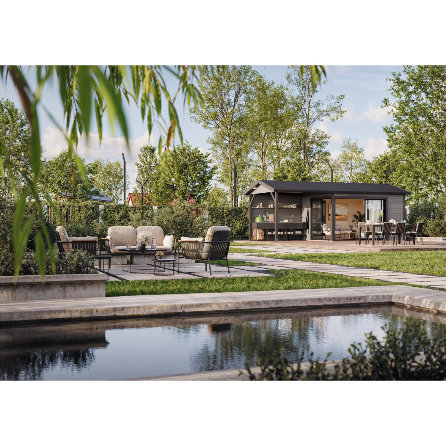 Palmako Gartenhaus Amanda Slide Plus, 668x300 cm, naturbelassen, mit Schiebetüren und überdachtem Freisitz.