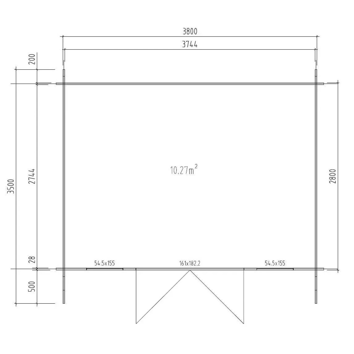Grundriss Alpholz Gartenhaus Mirko Modern, 380x272 cm, 40mm Wandstärke. Holz-Gartenhaus Maße.