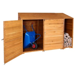 MCW Geräteschuppen J75 aus Holz, gebeizt, mit Schubkarre und Holzscheiten. Naturfarben, ca. 180x250x93cm.