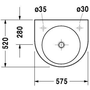 Technische Zeichnung Duravit Architec Handwaschbecken, 57,5 cm, Hahnloch rechts.