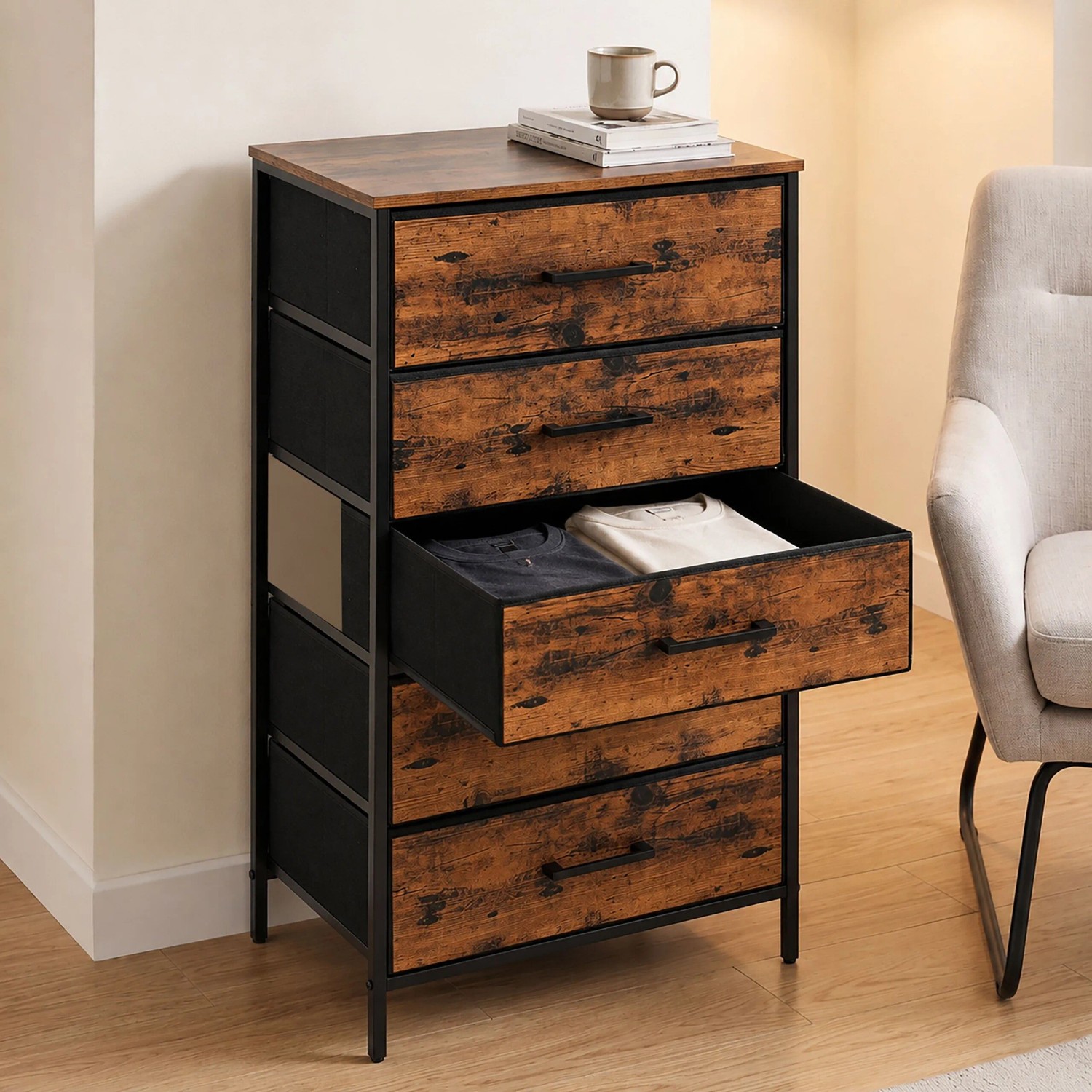 Relaxdays Schubladenkommode MDF Eisen Schwarz mit 5 Schubladen Höhenverstellbar 94 cm x 45 cm x 30 cm kaufen bei OBI