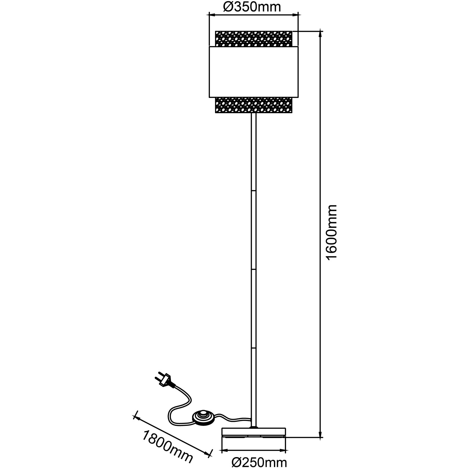 Skizze der schwarzen Brilliant Waterlilly Stehlampe (1,6 m) mit Naturdetails und Maßangaben.