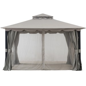 Grauer Sunjoy Pavillon Stoj (336x402 cm) mit Moskitonetz und Stahlrahmen.