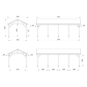 Technische Zeichnung: Palmako Carport Robert, Maße und Ansichten des Holzcarports.