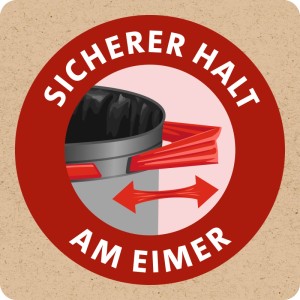 Rotes Icon: Müllbeutel mit rotem Fixierband, das fest am Eimer sitzt. Sicherer Halt am Eimer.