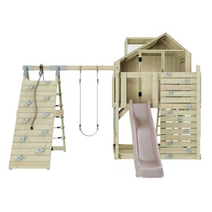 PolarPlay Kinderschaukel Anika altrosa mit Rutsche, Kletterwand und Spielhaus aus Holz.