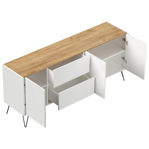 Posseik Sideboard Industrial I, weiß/Eiche, 180 cm, mit 2 Schubladen und 3 Türen.