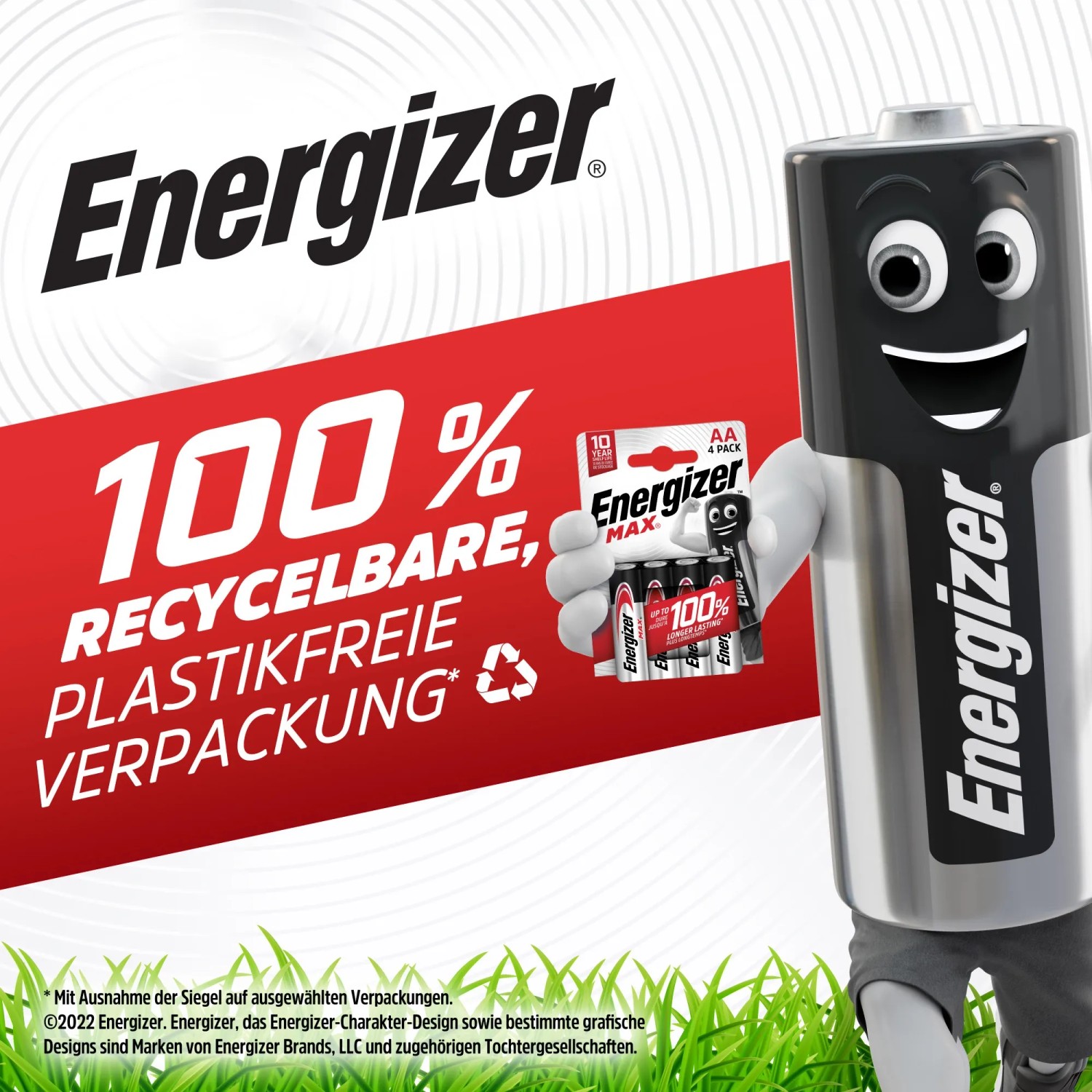 Energizer Max 9V E-Block Batterie mit Maskottchen und recyclebarer Verpackung.