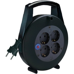 Schwarze Vario Line Kabelbox mit 4 Steckdosen, 15 m Kabel und Tragegriff.