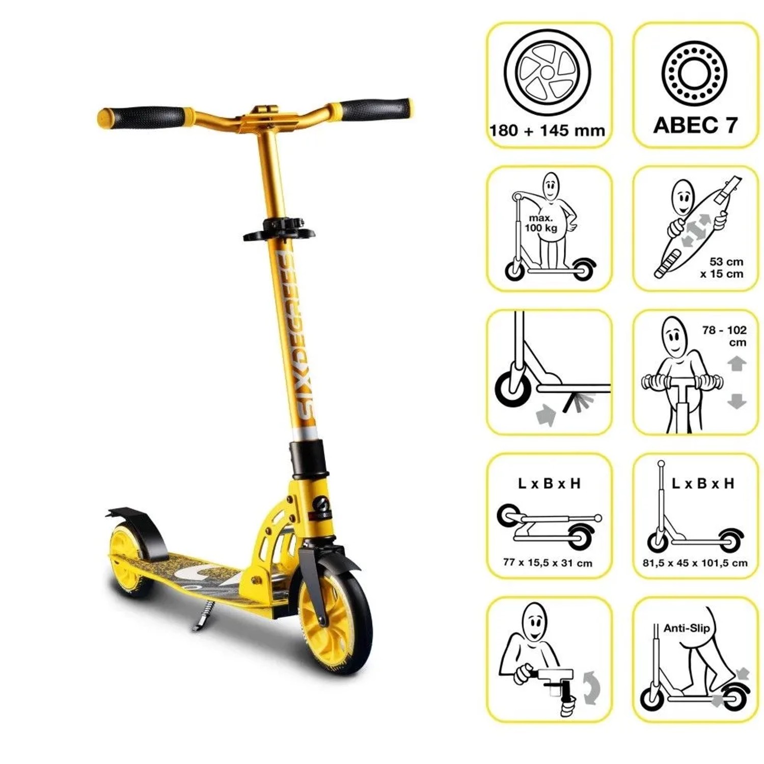 Gelber Six Degrees Aluminium Scooter Junior mit Klappmechanismus, Ständer, höhenverstellbar, 180/145 mm Rädern. GS-geprüft.
