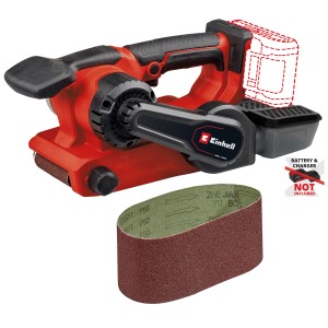 Einhell Akku-Bandschleifer TP-BS 18/457 Li BL Solo mit Staubbox und Schleifbändern.