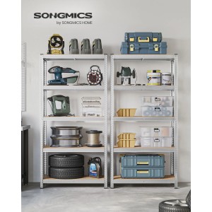 Songmics Lagerregal 2er Set, 40x90x180cm, silbernes Metallregal mit fünf Böden, beladen mit Werkzeugen.