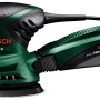 Bosch Exzenterschleifer PEX 220 A, grüne Schleifmaschine mit Staubfangbox.