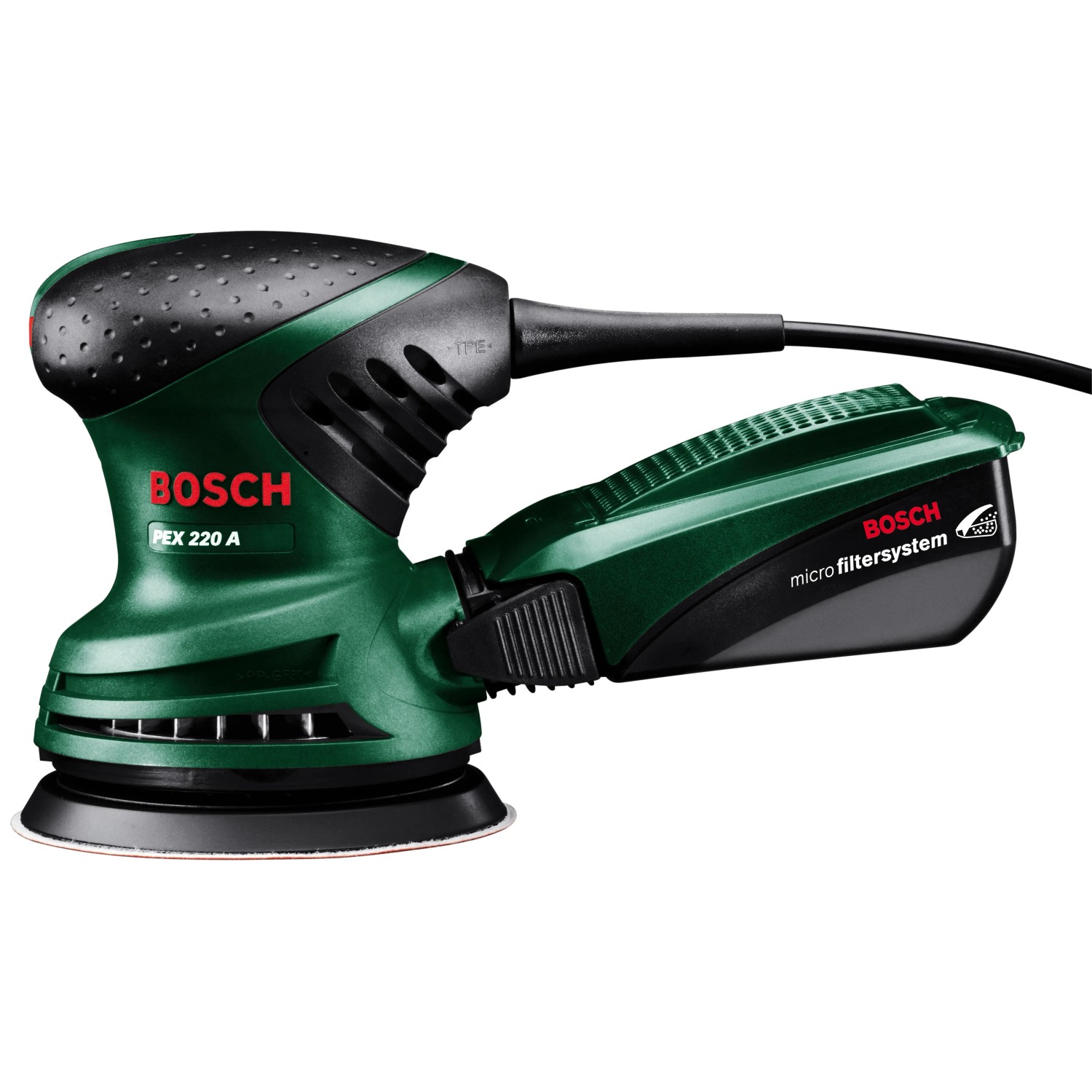 Bosch Exzenterschleifer PEX 220 A, grüne Schleifmaschine mit Staubfangbox.