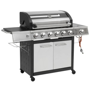 El Fuego Edelstahl-Gasgrill Long Beach mit 6 Brennern, Seitenbrenner, Unterschrank und Ablagen.