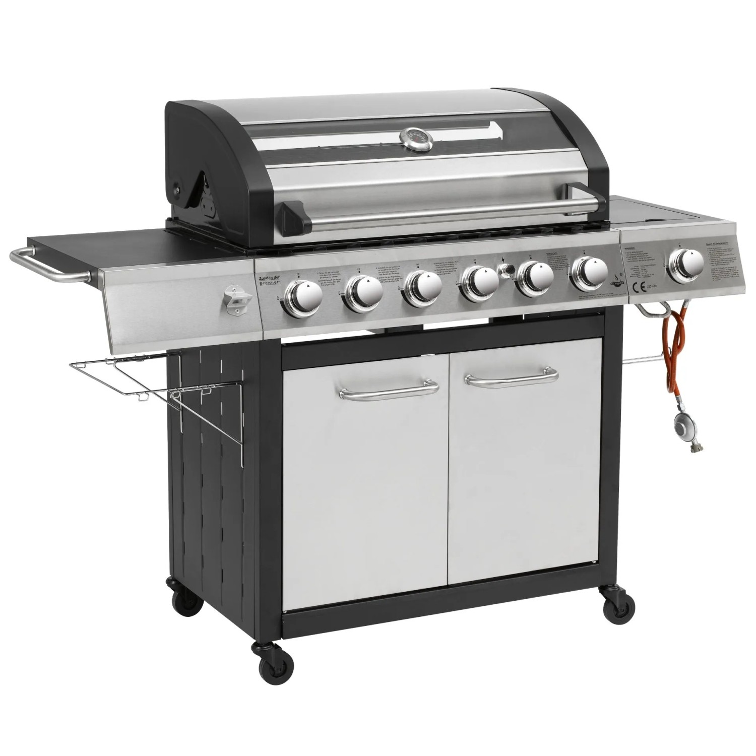 El Fuego Edelstahl-Gasgrill Long Beach mit 6 Brennern, Seitenbrenner, Unterschrank und Ablagen.