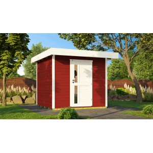 Lackiertes, rotes Weka Holz-Gartenhaus Designhaus 172 mit Flachdach und weißer Tür im Garten.