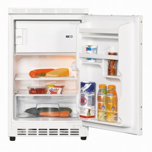 Respekta Unterbaukühlschrank (EEK E) mit Lebensmitteln, passend zur 150 cm Küchenzeile.