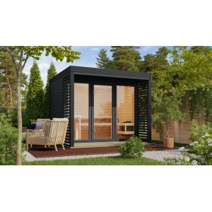 Karibu Saunahaus Seros 3 in Anthrazit: Modernes Gartenhaus mit Glasfront und Holzbänken.