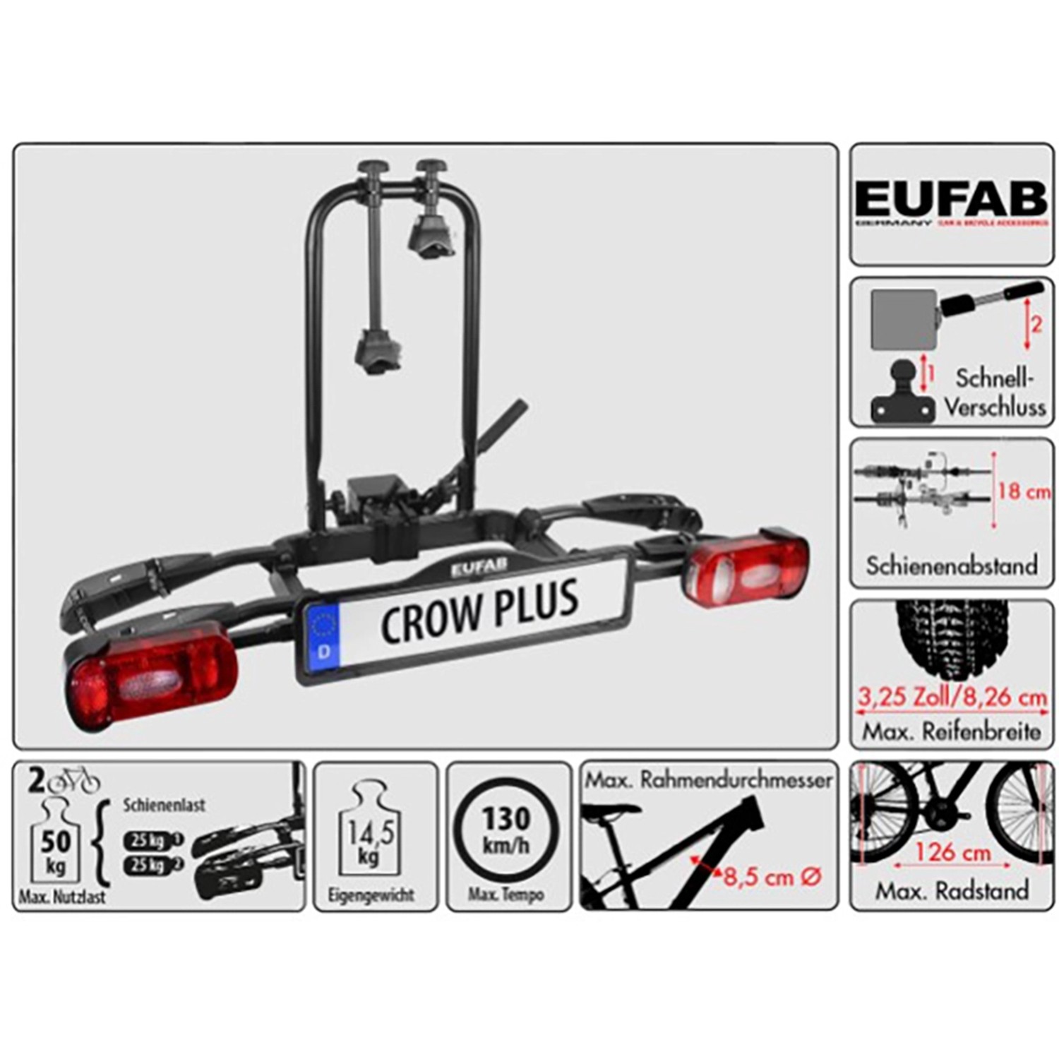 Eufab Crow Plus Fahrradträger für Anhängerkupplung, erweiterbar für 2 Fahrräder.