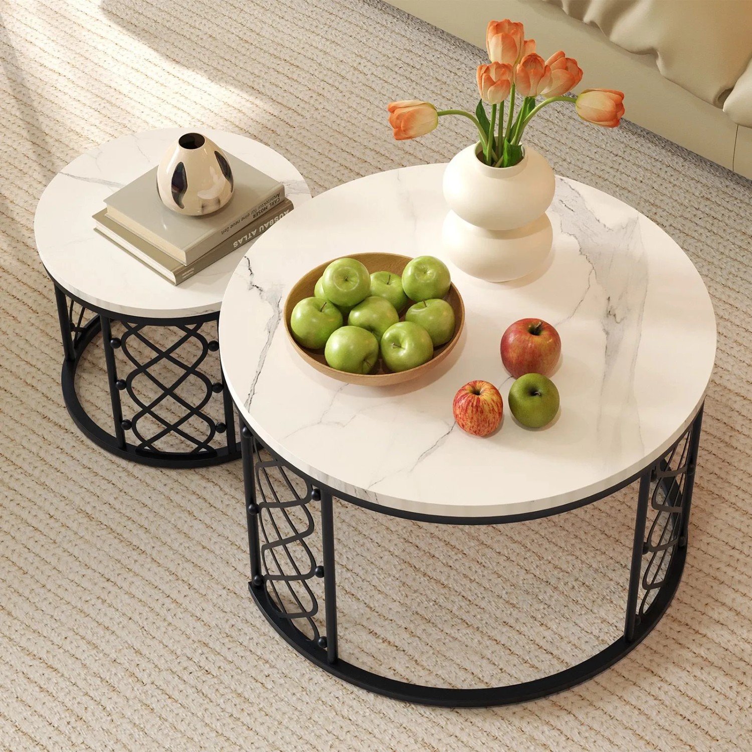 okwish Couchtisch mit 2er-Set Satztische Wohnzimmer 70x 70x 45cm Weiß Schwarz_6