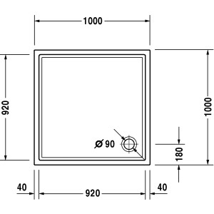 Technische Zeichnung der Duravit Starck Slimline Duschwanne, 100x100 cm, mit Maßangaben.