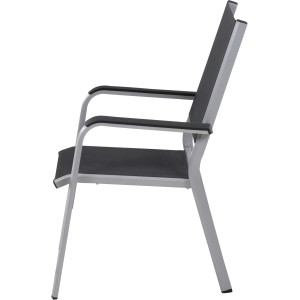 Siena Garden Stapelsessel Tesoro, silbernes Alu-Gestell, graue Sitzfläche, Armlehnen aus schwarzem Kunststoff.