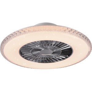 Chromfarbene LED-Deckenleuchte Harstad mit integriertem Ventilator und Kristallrand.