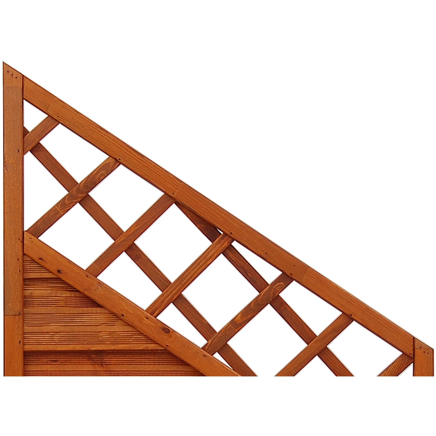 Detailaufnahme Sichtschutzzaun Country, teakfarben lasiert, mit Lattenzaun-Abschluss.