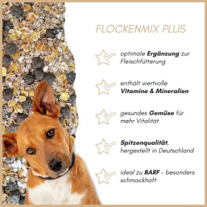 Brauner Hund mit geneigtem Kopf vor Supravit Flockenmix Plus Hundefutter. Ausgewogene Flockenmischung mit Gemüse, Getreide & Vitaminen.