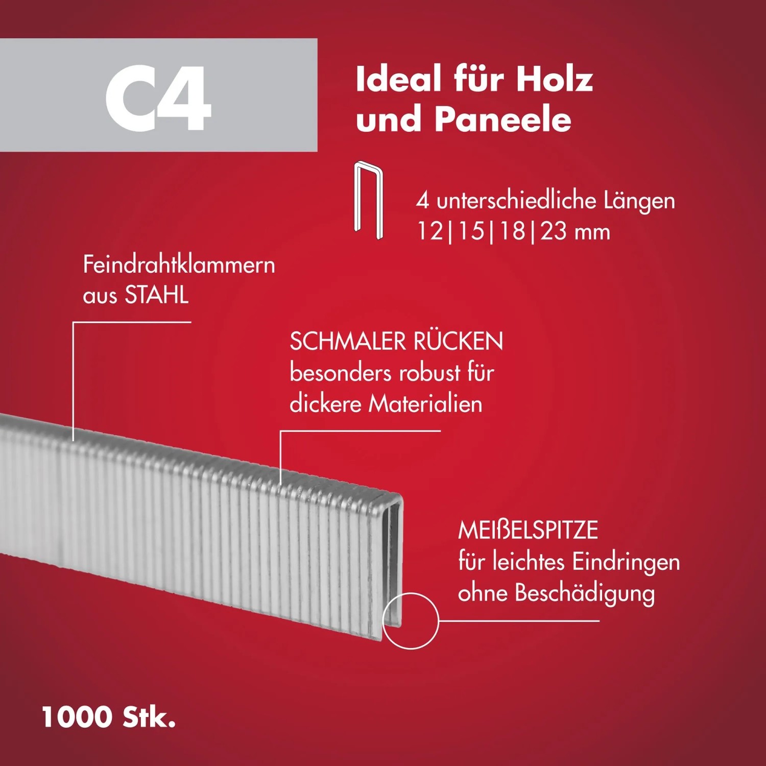 Arrow Klammern C4, 23 mm, 1000 Stück, für Tacker, zur Befestigung von Profilhölzern und Paneelen.