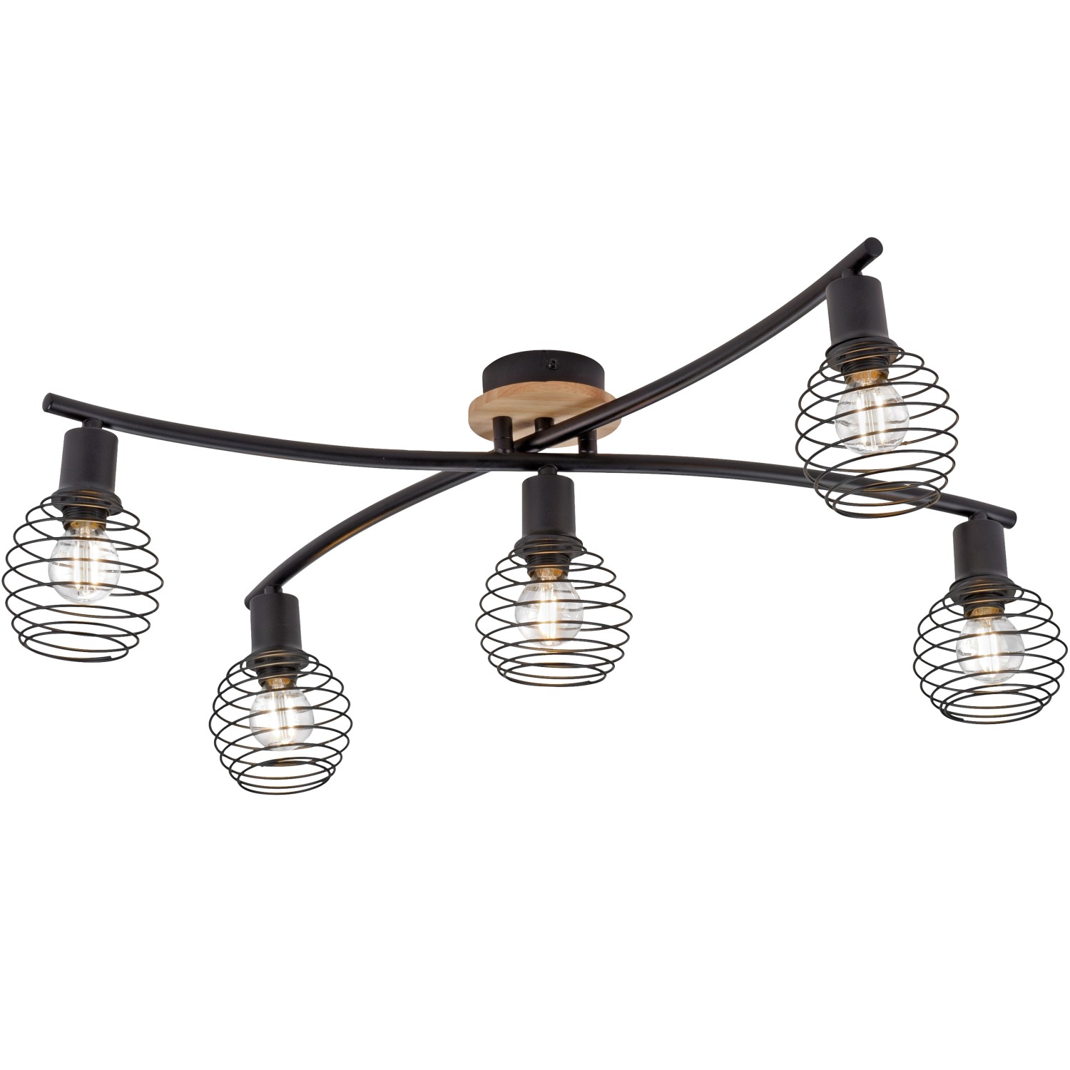 Just Light Spot Eugen: Fünfflammige Deckenleuchte in Schwarz/Holz-Natur mit Drahtschirmen.