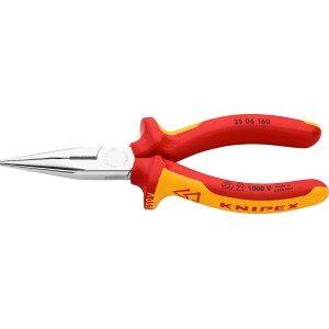 Knipex Flachrundzange, verchromt, 160mm, VDE-geprüft, mit rot-gelben Griffen. Zange für feine Greifarbeiten.
